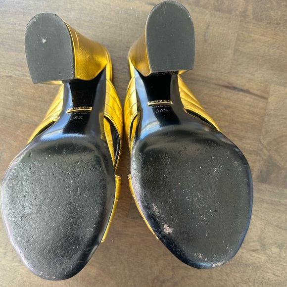 GUCCI Metallic Nappa Webby Leather Crossover Heel Slide Sandals 38.5 Oro Vecchio - Picture 9 of 12